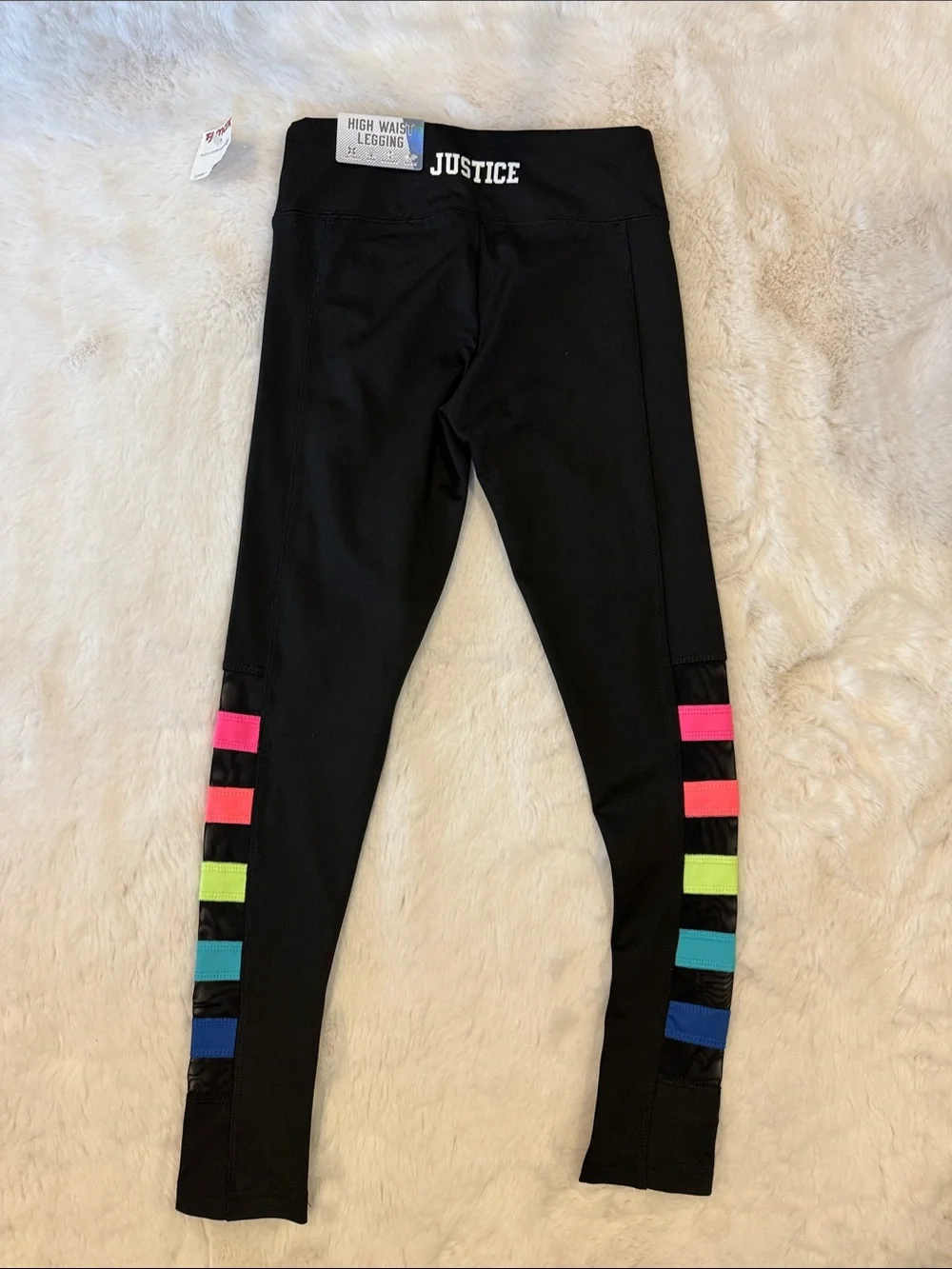 Justice Black Leggings with Neon Pink, Orange, Green and Blue Stripes